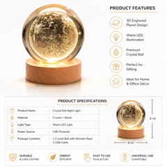 3D Galaxy Crystal Ball Night Lamp|Creative Engraved Night Light|USB Power LED Wooden Base Crystal for Home Decoration Birthday Gift for Teens|Boys, Girls(Warm White)(2.4inch) (Moon lamp-1)
