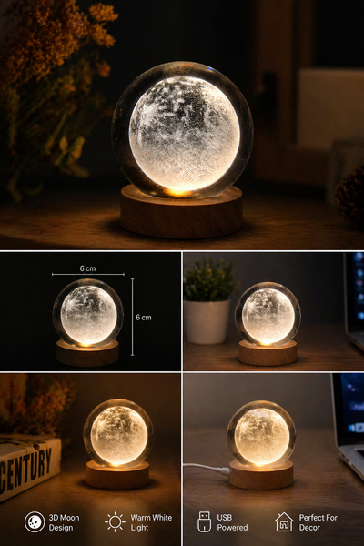 3D Galaxy Crystal Ball Night Lamp|Creative Engraved Night Light|USB Power LED Wooden Base Crystal for Home Decoration Birthday Gift for Teens|Boys, Girls(Warm White)(2.4inch) (Moon lamp-1)