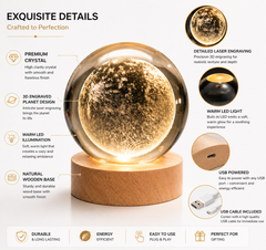 3D Galaxy Crystal Ball Night Lamp|Creative Engraved Night Light|USB Power LED Wooden Base Crystal for Home Decoration Birthday Gift for Teens|Boys, Girls(Warm White)(2.4inch) (Moon lamp-1)